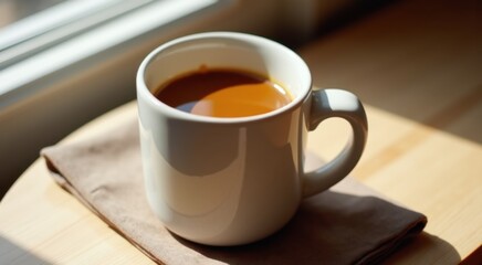 Obraz premium Cup of coffee on a napkin on a table