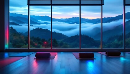 Naklejka premium Serene Mountain View Yoga Studio: Tranquil Evening Glow