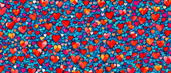 Vibrant hearts pattern creating a colorful abstract design with shades of blue and red. Generative AI