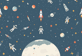 a space theme with planets, stars, and spaceships, including a large moon and smaller planets, as well as an astronaut and a rocket ship.