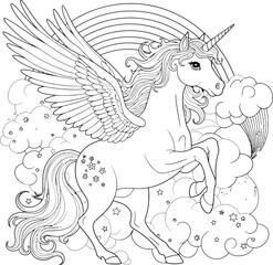 Magical Winged Unicorn Coloring Page Rainbow, Clouds, Stars Design