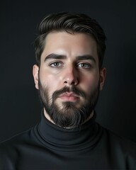 Fototapeta premium A close-up portrait of a man with a beard, wearing a black turtleneck, set against a dark background, conveying a serious and contemplative expression.