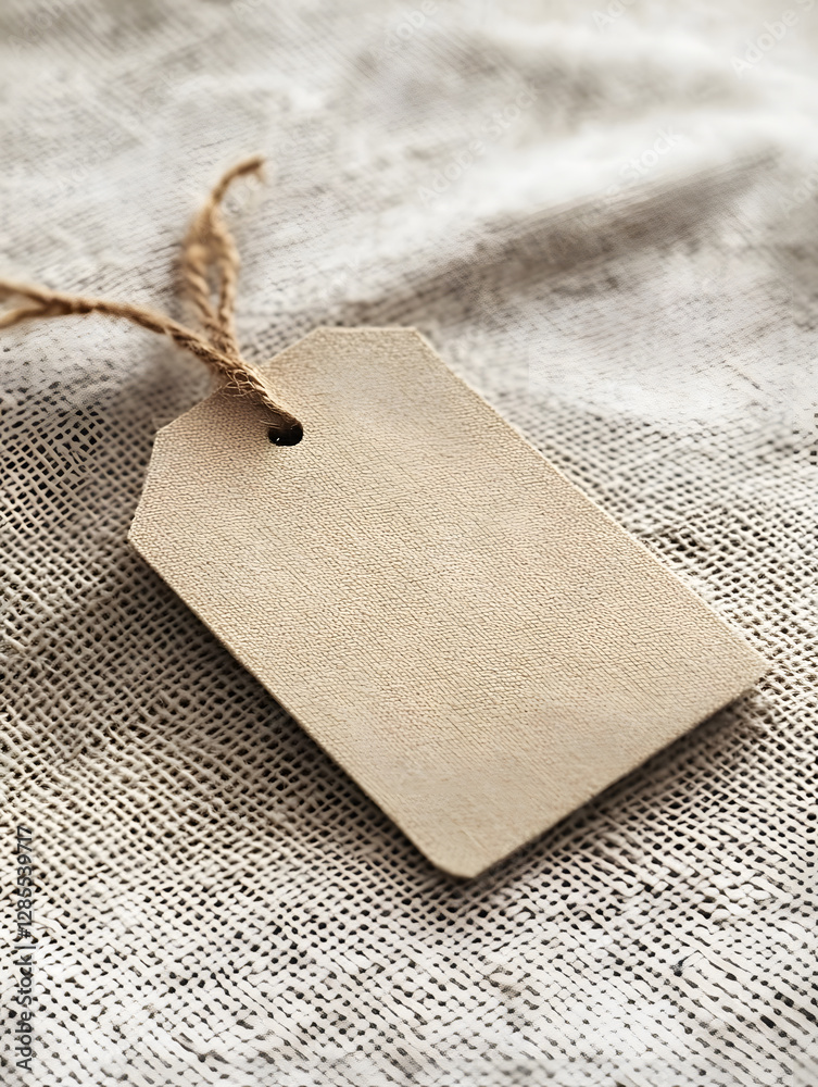 Aufkleber rustic blank natural tag on textured linen fabric background : generative ai