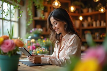 Coffee Shop Relaxing. Young woman brunette smiling using tablet cozy c