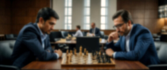 Blurred background capturing a moment of intense focus as a businessman plays chess