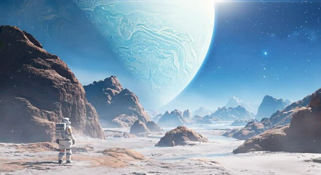 High-Tech Astronaut on an Extraterrestrial World with Liquid Light, looping 4k time-lapse virtual video animation Generated AI.