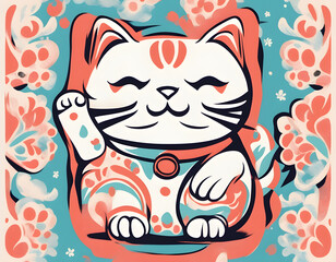 Lucky cat. Colorful cute screen printing effect.  Vector illustration background