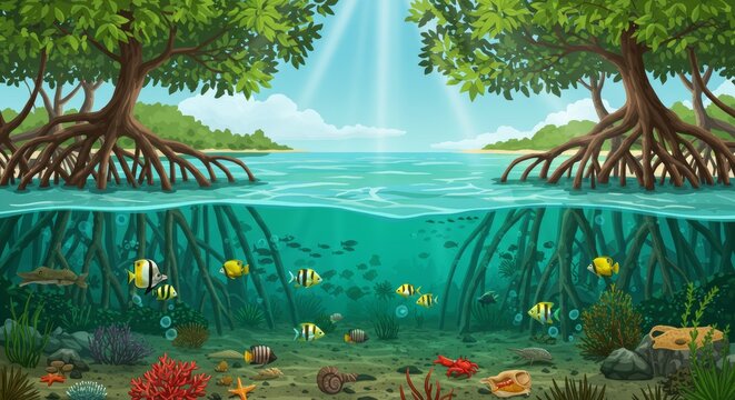 Vibrant underwater world beneath mangrove trees, A thriving ecosystem