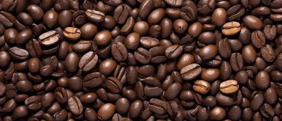 Fototapeta premium Rich brown coffee beans arranged elegantly showcasing texture and depth in a cozy atmosphere. Generative AI