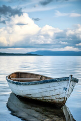 Naklejka premium Rustic Wooden Rowboat on Serene Lake with Dramatic Clouded Sky : Generative AI
