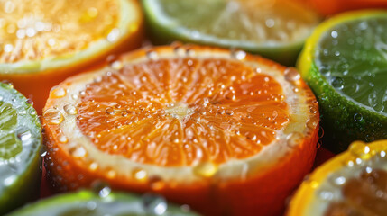 Fresh citrus slices with droplets, showcasing vibrant colors and textures. image features oranges, limes, and lemons, creating refreshing and juicy visual appeal