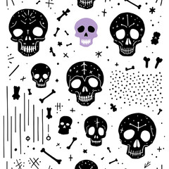 nine black skull silhouettes arranged in a 3x3 grid, with one purple skull in the center.