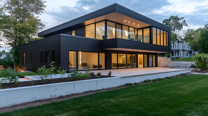 Fototapeta premium Modern Architectural Design of a Contemporary House with Large Glass Windows and Lush Greenery : Generative AI