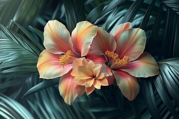 Obraz premium Vibrant Digital Flowers With Tropical Leaves Radiating Elegance and Color. Generative AI