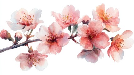 A watercolor illustration of delicate pink cherry blossoms on a branch.