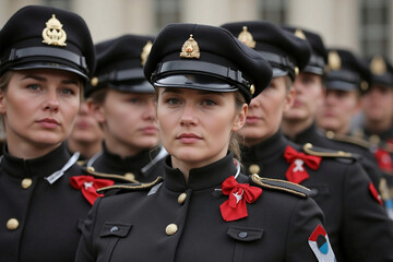 Men, women officers in a military academy standing in an assembly. Rows of soldiers at rehearsal for national day parade. Cadet troops during graduation ceremony. Discipline, dedication, duty concept.