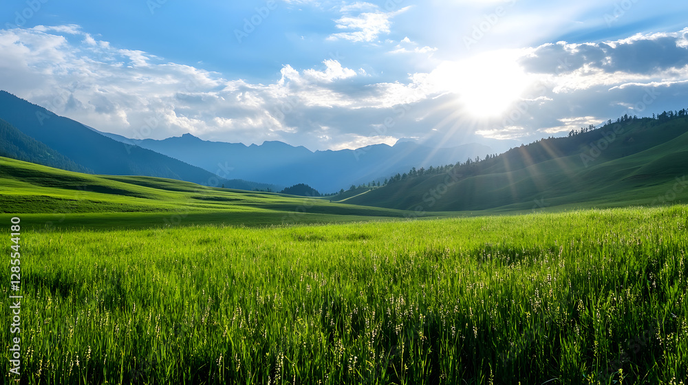 Poster lush green fields with sunburst and mountain views under blue sky : generative ai