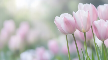 Fototapeta premium Delicate pastel pink tulips in soft focus against a gentle green backdrop during early springtime : Generative AI