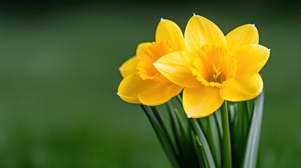Fototapeta premium Two bright yellow daffodil flowers blooming in a green garden during a sunny spring day.