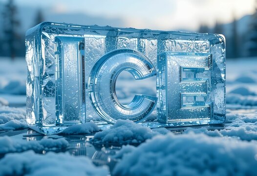 ice block with "ice" letters on snowy surface