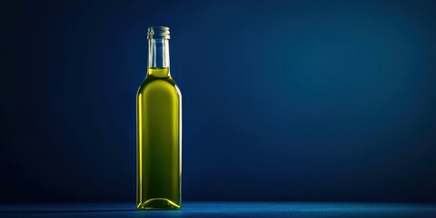 Bottle of olive oil is sitting on a blue surface