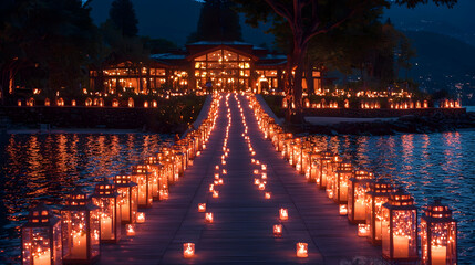 Lakeside evening wedding; candlelit path to lodge