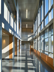 Obraz premium Modern architectural corridor with glass walls and sunlight : Generative AI