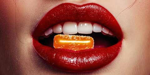 Obraz premium Woman with a red lip is holding a yellow pill in her mouth