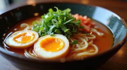 Bowl of soup with a boiled egg and noodles