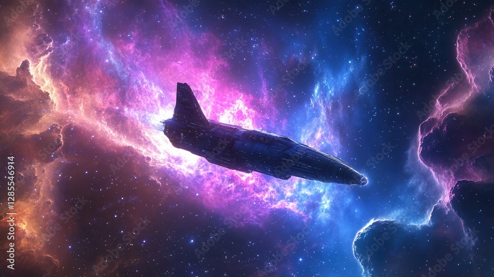 Poster spacecraft gliding through colorful nebula and cosmic clouds in outer space scene