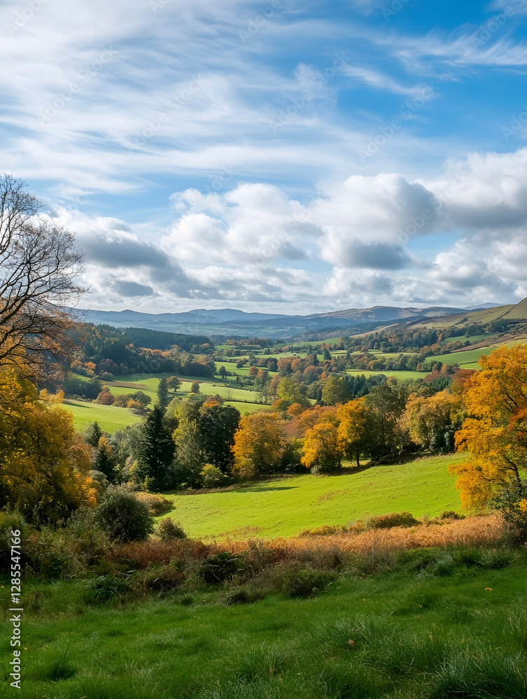 Poster scenic autumn landscape with lush green fields and rolling hills : generative ai