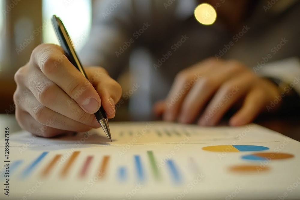 Poster businessman analyzing project statistics and preparing reports with charts and graphs, businessman w