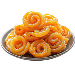 A plate of crispy, golden-brown Jalebis, soaked in rich sugar syrup, delivering a delightful crunch and sweetness. Perfect for festive occasions and sweet cravings.