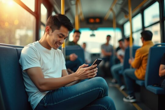 Man is sitting on bus using his cell phone
