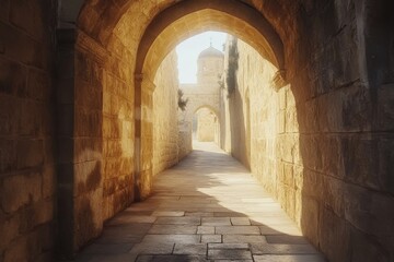 Fototapeta premium Glide camera navigating through ancient arches toward a historic church in Israel during golden hour, Glide cam through arch toward ancient church - Israel