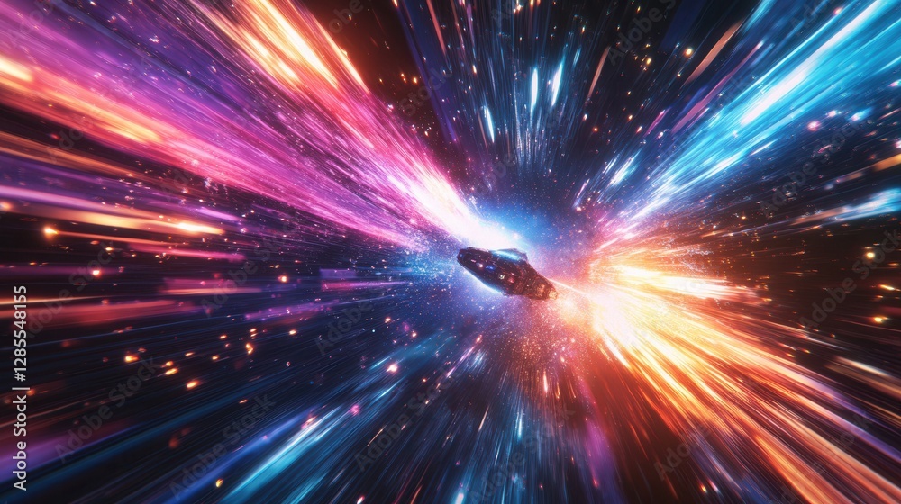 Wall mural cosmic journey through colorful space with dynamic light trails and a starship effect