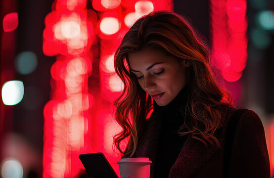 Woman checking phone at night city street lifestyle image vibrant red lights close-up view urban environment