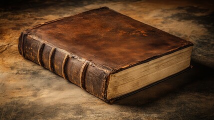 Obraz premium Vintage Leather Bound Book on Rustic Table with Warm Ambient Light and Textured Background