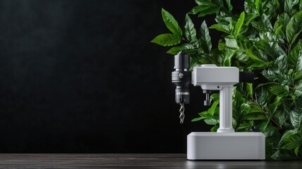 Compact drill on dark wood with green leaves