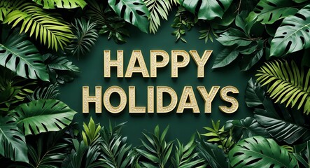 happy holidays lettering on jungle leaves background