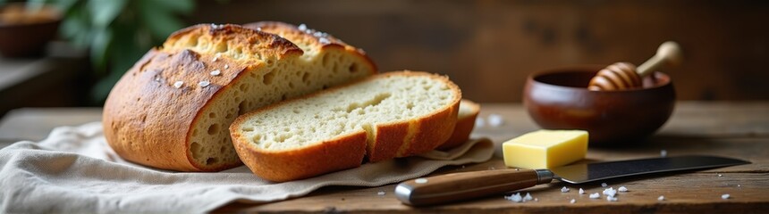 Loaf of bread with a piece of butter on a napkin