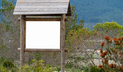 Wooden information panel outdoors, blank space.