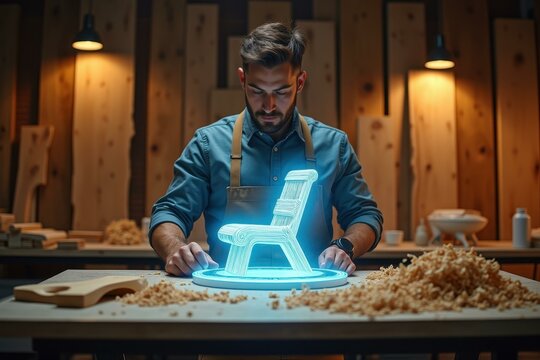 Modern Woodworking Tools. Charging Lamp mecool Smart factory Cross legged desk chair A11y BLUETOOTH Honbay Gembah Pipersong PolyAI Carpenter with beard crafting futuristic woo