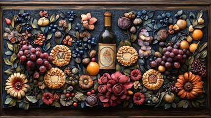 Fototapeta premium Artistic Floral Arrangement with Wine Bottles and Bread. Generative AI