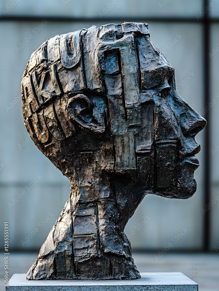 Poster intricate bronze sculpture of a human head with textured patterns : generative ai