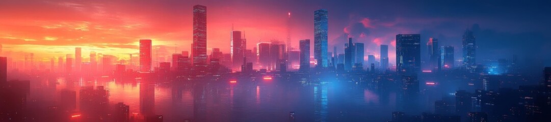 Fototapeta premium Vibrant Futuristic Cityscape at Dusk with Neon Lights. Generative AI