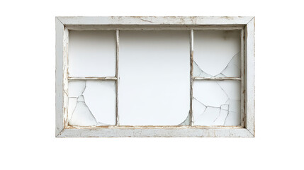 Broken window with white frame, shattered glass pane in a vintage setting