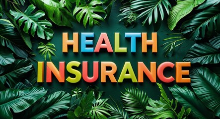 health insurance lettering on jungle leaves background