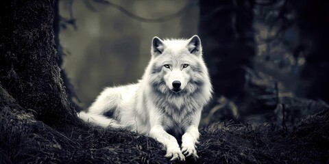 Naklejka premium White wolf is laying down in the grass