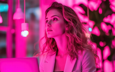 Fototapeta premium Creative innovation session modern office space digital workspace pink ambient lighting introspective perspective